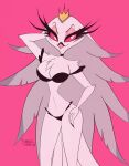  anthro avian avian_demon beak big_breasts bikini bird breasts claws clothed clothing crown demon feathers female fur helluva_boss hi_res mature_female partially_clothed simple_background smile solo sparklegoosy stella_(helluva_boss) swimwear thick_thighs white_body white_feathers 