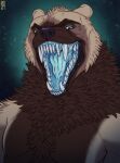  2021 anthro artist_logo bear blue_eyes blue_tongue bodily_fluids brown_body brown_fur bust_portrait cheek_tuft chest_tuft dated ears_back facial_tuft fangs front_view fur glistening glistening_eyes hi_res logo male mammal mouth_shot neck_tuft nude open_mouth overweight overweight_anthro overweight_male pivoted_ears portrait riorix saliva saliva_string sharp_teeth simple_background solo tan_body tan_ears tan_fur teeth tongue tuft 