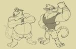  bottomwear brok_the_investigator clothing dart_(brok_the_investigator) duo generic_rat_(brok_the_investigator) humanoid_hands male mammal murid murine musclegut overweight overweight_male rat rodent shirt shorts simple_background sketch skiptheorca topwear 