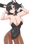  absurd_res animal_humanoid black_hair blue_eyes breasts cleavage clothed clothing female fishnet fishnet_legwear hair hair_over_eye hi_res humanoid lagomorph lagomorph_humanoid legwear leporid_humanoid mammal mammal_humanoid nobunagapero one_eye_obstructed rabbit_humanoid simple_background solo white_background wide_hips 