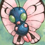  alternate_color antennae blue_background bug butterfly butterfree english_commentary fangs green_eyes legs_together no_humans pink_wings pokemon pokemon_(creature) sailorclef shiny_pokemon solid_eyes solo wings 