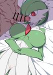  1boy 1girl ^^^ bags_under_eyes bangs bar_censor bed_sheet bob_cut breasts breasts_apart bright_pupils censored collarbone colored_skin commentary_request covered_nipples cowboy_shot erection gardevoir green_hair green_skin groin hair_over_one_eye hand_on_own_stomach hetero highres huge_breasts interspecies kuro_mushi lying multicolored_skin navel on_back on_bed one_eye_covered open_mouth own_hands_together penis pillow pokemon pokemon_(creature) pussy red_eyes shiny shiny_hair short_hair solo_focus standing sweat two-tone_skin uncensored white_pupils white_skin wide-eyed 