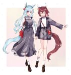  2girls 6crcg alternate_costume animal_ears bag blue_hair breasts casual full_body hair_between_eyes hair_flaps handbag highres holding_hands horse_ears horse_tail long_hair medium_breasts medium_hair mejiro_ardan_(umamusume) multiple_girls open_mouth pink_hair purple_eyes sakura_chiyono_o_(umamusume) simple_background tail umamusume white_background 