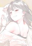  1girl back bangs bare_shoulders bed_sheet black_hair blush bracelet commentary_request ear_piercing grin jewelry long_hair looking_at_viewer original piercing red_eyes shirt simple_background sketch smile solo tomamatto upper_body white_shirt 