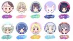  6+girls :3 :d ahoge animal_hat aqua_eyes aqua_hair bangs black_bow black_hair black_headwear blonde_hair blue_bow blue_bowtie blue_choker blue_hair blue_headwear blue_ribbon blunt_bangs blush bow bowtie braid brown_eyes character_name chiaki_riko chitose_yuma chizu_ranka choker chun_meiyui circle collared_shirt cowlick double_bun expressionless green_eyes grey_eyes grey_hair hair_bow hair_bun hair_ribbon hat head_scarf jeanne_d&#039;arc_(madoka_magica) light_blue_hair light_brown_hair looking_at_viewer low_tied_sidelocks low_twintails magia_record:_mahou_shoujo_madoka_magica_gaiden mahou_shoujo_madoka_magica mahou_shoujo_oriko_magica mahou_shoujo_tart_magica mini_hat multiple_girls no_nose open_mouth parted_bangs pink_bow pink_hair ponytail portrait purple_eyes purple_shirt red_eyes ribbon ruru_(rurumagi) shirt short_hair sidelocks small_kyubey smile striped striped_bow swept_bangs tamaki_ui togame_momoko toki_sunao tokime_shizuka turtleneck twin_braids twintails veil wavy_hair white_headwear white_ribbon white_shirt 