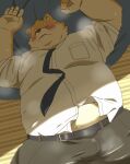  2023 anthro belly big_belly blush bottomwear bulge canid canine canis clothing domestic_dog hi_res hon55728 humanoid_hands kemono lying male mammal necktie overweight overweight_male pants shirt solo topwear 
