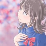  1girl blue_shirt blurry blurry_background bow brown_eyes brown_hair fushigi_na_merumo hand_up mamo_furukawa medium_hair red_bow shirt 