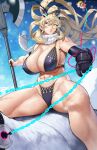  1girl abs absurdres axe bangs bare_shoulders battle_axe bear biceps bikini black_bikini blonde_hair breasts chain cleavage covered_nipples curvy fairy_knight_gawain_(fate) fairy_knight_gawain_(ice_warrior)_(fate) fate/grand_order fate_(series) gauntlets green_eyes heterochromia highleg highleg_bikini highres horns large_breasts long_hair looking_to_the_side muscular muscular_female navel orion_(bear)_(fate) parted_lips polar_bear ponytail red_eyes revision riding scarf single_gauntlet snow snowing stuffed_animal stuffed_toy swimsuit teddy_bear thick_thighs thighs weapon white_scarf yoshio_(55level) 