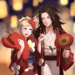  1boy 1girl blonde_hair brown_hair embarrassed festival fire_emblem fire_emblem_fates floral_print freckles green_eyes hairband hand_fan happy japanese_clothes kimono lobster long_hair looking_at_another orange_eyes paper_fan ryoma_(fire_emblem) scarlet_(fire_emblem) short_hair smile stuffed_animal stuffed_toy stup-jam yukata 
