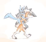  2022 3_fingers 3_toes black_nose blue_body blue_fur carrying claws dusk_lycanroc eyes_closed feet fingers fur generation_4_pokemon generation_7_pokemon happy hi_res lucario lycanroc monado_art nintendo piggyback pokemon pokemon_(species) simple_background smile spikes toe_claws toes walking white_body white_fur yellow_body yellow_fur 