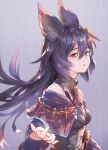  1girl animal_ears ascot bags_under_eyes bangs black_hair breasts commentary_request dress earrings erune granblue_fantasy hair_between_eyes jewelry long_hair long_sleeves looking_at_viewer medium_breasts multicolored_hair nier_(granblue_fantasy) parted_lips purple_hair red_eyes simple_background single_earring solo tomamatto upper_body very_long_hair 