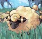  black_eyes blue_sky cloud english_commentary grass mareep no_humans outdoors pokemon pokemon_(creature) sailorclef sheep sky striped_tail tail wool 