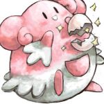  :d black_eyes blissey cracked_egg egg english_commentary hands_up leg_up no_humans pokemon pokemon_(creature) pokemon_move pouch sailorclef simple_background smile soft-boiled_(pokemon) solid_oval_eyes solo sparkle white_background 