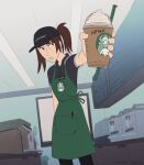  1girl apron artist_name brown_hair commentary cup drinking_straw english_commentary foreshortening freckles green_apron hat highres hitsuji_(hitsujigoods) holding holding_cup kara_eklund name_tag neet_girl_date_night original pen polo_shirt ponytail signature solo starbucks teeth whipped_cream 