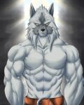  2022 abs absurd_res anthro belt biceps biped black_nose bottomwear canid canine chibikoma clothed clothing digital_drawing_(artwork) digital_media_(artwork) fangs fur grey_face hair half-length_portrait hi_res male mammal muscular muscular_anthro muscular_male pecs portrait sega shining_(sega) shining_force solo teeth topless topless_anthro topless_male were werecanid werecanine werewolf white_body white_fur white_hair yellow_body yellow_eyes yellow_fur zylo_(shining) 