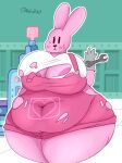  absurd_res anthro belly big_belly big_breasts big_butt blush bodily_fluids breasts butt chubby_female clothed clothing female fur hi_res huge_breasts huge_butt lagomorph leporid long_ears mammal navel open_mouth overalls pink_body pink_fur rabbit shirt simple_background simple_eyes slightly_chubby solo sweat thefluffyrey69 thick_thighs topwear torn_clothing widget wow!_wow!_wubbzy! 