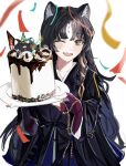  1girl ;d animal animal_ear_fluff animal_ears arknights bangs black_hair black_kimono braid brown_eyes cake commentary_request dog_ears facial_mark fang food forehead forehead_mark hands_up highres holding holding_plate in_food japanese_clothes kimono kyushi_(user_41158199) long_hair long_sleeves looking_at_viewer one_eye_closed parted_bangs plate saga_(arknights) simple_background single_braid smile streamers very_long_hair white_background 