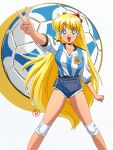  1girl absurdres aino_minako argentina ball bangs bishoujo_senshi_sailor_moon blonde_hair blue_eyes bow earrings fritz_willie hair_bow highres jewelry long_hair red_bow smile soccer soccer_ball soccer_uniform solo sportswear stud_earrings v white_background 