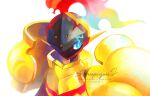  armarouge blue_eyes commentary_request eye_trail fire flame flaming_eyes light_trail no_humans pixiv_id pokemon pokemon_(creature) shinaipenguin signature solo upper_body watermark white_background 