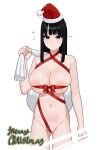  1girl :o absurdres bag bangs black_hair blunt_ends breasts christmas commentary_request cowboy_shot english_text fffukuzawa hat heart highres holding holding_bag holding_sack huge_breasts looking_at_viewer medium_hair merry_christmas naked_ribbon navel original parted_bangs red_ribbon ribbon sack santa_hat sidelocks simple_background stomach straight_hair wedgie white_background 