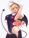  1girl :d absurdres armpits arms_up bangs black_skirt blonde_hair blue_eyes blue_one-piece_swimsuit breasts clothes_lift clothes_pull commentary competition_swimsuit covered_navel demon_girl demon_horns demon_tail demon_wings gradient_hair highres hololive horns large_breasts looking_at_viewer multicolored_hair nekorone0222 one-piece_swimsuit pointy_ears red_hair revision shirt_lift simple_background skirt skirt_pull smile solo swept_bangs swimsuit symbol-only_commentary tail virtual_youtuber white_background wings yuzuki_choco 
