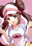  1girl bangs brown_hair clenched_hands double_bun green_eyes hair_bun heart highres long_hair looking_at_viewer open_mouth pink_background pokemon pokemon_(game) pokemon_bw2 rosa_(pokemon) shirt teeth twintails upper_body upper_teeth_only visor_cap w_arms wakame1441 