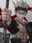  1boy abs ahoge asta_(black_clover) bangs black_bull_(emblem) black_capelet black_clover black_headband black_sleeves blood blood_from_mouth capelet detached_sleeves green_eyes grey_hair hair_between_eyes headband highres long_bangs looking_at_viewer male_focus muscular muscular_male open_mouth pectorals prayudi555 scar scar_on_stomach signature smile solo spiked_hair 
