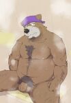 2023 anthro balls bear belly brown_body flaccid genitals hi_res kemono kenjn male mammal moobs navel nipples overweight overweight_male penis pubes sitting solo steam 