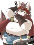  2023 3:4 anthro belly big_belly blush bulge humanoid_hands kemono lagomorph leporid male mammal navel overweight overweight_male rabbit scarf solo tk84inutaro weapon 