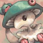  black_eyes breloom closed_mouth english_commentary frown green_background multicolored_background mushroom no_humans pink_background pokemon pokemon_(creature) sailorclef solo tail_raised two-tone_background 