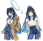  1girl bangs bare_shoulders biting black_hair blue_bow blue_bowtie blue_eyes blue_hair blunt_bangs blunt_ends blush boros_(ouro_kronii) bow bowtie breasts brown_coat buttons coat colored_inner_hair cowboy_shot denim detached_sleeves earrings eus_ing from_side glasses grin hair_intakes halo hands_in_pockets heart high-waist_pants hime_cut hololive hololive_english jeans jewelry keyring large_breasts lip_biting long_hair long_sleeves looking_at_viewer looking_down multicolored_hair multiple_earrings multiple_views official_alternate_costume official_alternate_hair_length official_alternate_hairstyle open_clothes open_coat ouro_kronii pants shirt sidelocks simple_background smile standing straight_hair tented_shirt turtleneck two-tone_hair virtual_youtuber watch white_background white_shirt 