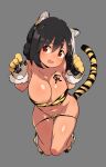 1girl absurdres animal_ears animal_hands areola_slip bare_shoulders bikini bikini_pull blush body_writing braid breasts buta-don chinese_zodiac cleavage clothes_pull commentary fang floating frown full_body gloves grey_background groin head_tilt highres large_breasts legs_up looking_at_viewer navel open_mouth original paw_gloves red_eyes short_hair simple_background skindentation solo strapless strapless_bikini swimsuit tail textless_version thigh_gap tiger_ears tiger_tail year_of_the_tiger yellow_bikini yellow_footwear yellow_gloves 
