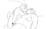  2023 anthro bear belly blush bodily_fluids canid canine canis domestic_dog duo embrace handjob hug kemono kissing male male/male mammal monochrome moobs navel nipples oogamikennta overweight overweight_male penile sex sitting sweat 