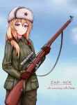  1girl artist_name bangs belt belt_buckle blonde_hair blue_eyes blue_sky bolt_action bow breasts brown_belt buckle closed_mouth collared_jacket commentary cowboy_shot fur_hat girls&#039;_frontline gloves green_jacket green_pants gun hair_between_eyes hair_bow hair_tie hammer_and_sickle hat hat_ornament highres holding holding_gun holding_weapon jacket light_blue_background long_sleeves looking_at_viewer military mosin-nagant mosin-nagant_(girls&#039;_frontline) optical_sight padded_jacket pants pocket red_bow red_gloves red_star rifle scope sky sling smile sniper_rifle soldier solo soviet soviet_army star_(symbol) star_hat_ornament telogreika two_side_up ushanka vkontakte_username weapon web_address white_headwear winter_uniform world_war_ii zap-nik 