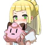 1girl blonde_hair blush clefairy commentary_request green_eyes highres lillie_(pokemon) long_hair peppedayo_ne pokemon pokemon_(game) pokemon_sm ponytail pout shirt short_sleeves simple_background solo stuffed_toy upper_body white_background white_shirt 
