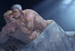  2boys absurdres anal bara bed bisen_(mirion_ray) blonde_hair blush bound bound_wrists completely_nude covering_with_blanket cuffs grey_hair hand_on_another&#039;s_chin handcuffs highres large_pectorals looking_at_another lying male_focus male_pubic_hair multiple_boys muscular muscular_male navel nude on_bed on_side original pectorals pubic_hair restrained sex sex_from_behind short_hair smile yaoi 