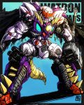  absurdres background_text beast_wars beast_wars_ii black_border black_cape blue_eyes border cape character_name clenched_teeth copyright_name galvatron gradient gradient_background hammer hand_up highres holding holding_hammer holding_weapon mecha moyan open_hand outside_border predacon robot science_fiction shadow solo standing tail teeth transformers weapon 