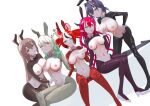  4nchor666 5girls :o animal_ears antlers asymmetrical_docking black_bow black_bowtie black_hair black_pantyhose blue_eyes blue_hair bow bowtie breast_grab breast_lift breast_press breasts breasts_apart brown_eyes brown_hair brown_pantyhose ceres_fauna closed_mouth commentary crossed_legs demon_horns detached_collar fake_animal_ears feather_hair_ornament feathers grabbing green_hair green_pantyhose hair_between_eyes hair_intakes hair_ornament hakos_baelz hand_on_another&#039;s_stomach hand_on_another&#039;s_waist hand_on_hip hand_on_own_chest heart heart_maebari heart_necklace heterochromia high_heels highres holocouncil hololive hololive_english horns irys_(hololive) jewelry key_necklace large_breasts leaning_forward long_hair long_sleeves looking_at_viewer medium_breasts meme_attire mouse_ears mouse_girl multicolored_hair multiple_girls nanashi_mumei navel necklace nipples one_knee open_mouth ouro_kronii pantyhose pink_eyes playboy_bunny pointy_ears ponytail purple_hair purple_pantyhose qilin_(mythology) rabbit_ears red_hair red_pantyhose reverse_bunnysuit reverse_outfit short_hair shrug_(clothing) simple_background sitting smile streaked_hair symbol-only_commentary teeth twintails upper_teeth_only white_background white_hair white_wrist_cuffs yellow_eyes 
