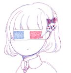  1girl 3d_glasses attonosekai bangs blue-tinted_eyewear bow chromatic_aberration closed_mouth collared_shirt colored_lineart facing_viewer hair_bow limited_palette lineart original polka_dot polka_dot_bow red-tinted_eyewear shirt short_hair simple_background sketch solo tinted_eyewear upper_body white-framed_eyewear white_background 