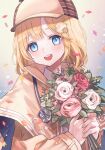  1girl blonde_hair blue_eyes blush bob_cut bouquet brown_capelet brown_coat brown_headwear capelet coat collared_shirt commentary confetti deerstalker detective flower gradient gradient_background hair_ornament hairclip hat highres holding holding_bouquet holding_flower hololive hololive_english light_blush looking_at_viewer monocle_hair_ornament nail_polish naname_(7name) open_mouth pink_flower pink_rose red_flower red_rose rose shirt short_hair smile solo stethoscope teeth upper_teeth_only watson_amelia white_flower white_rose white_shirt yellow_nails 