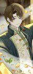  1boy artem_wing_(tears_of_themis) bangs blue_eyes blurry blurry_background brown_hair canhunmiao chinese_clothes highres leaf long_sleeves looking_at_viewer male_focus short_hair smile solo tears_of_themis upper_body wind 