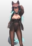  1girl :d akuma_(st.takuma) animal_ear_fluff animal_ears aqua_hair arm_up ass_visible_through_thighs bangs black_bow black_bowtie black_hair black_jacket black_leotard bow bowtie breasts brown_eyes cleavage commentary covered_navel detached_collar grey_background hair_between_eyes jacket large_breasts leotard long_hair long_sleeves looking_at_viewer multicolored_hair open_clothes open_jacket open_mouth original pantyhose simple_background smile solo tail teeth two-tone_hair upper_teeth_only 