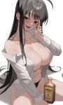  1girl absurdres ahoge bangs black_eyes black_hair black_panties blush bottle breasts cleavage collarbone commentary dress_shirt drunk facing_viewer hand_up highres large_breasts long_hair long_sleeves lvemhrd navel no_bra off_shoulder open_clothes open_mouth open_shirt original panties sharp_teeth shirt simple_background sitting smile solo stomach sweat teeth thighs tongue underwear upper_body white_background white_shirt wine_bottle 