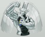  2022 abs anjing_kampuss anthro asumono_krom black_body digital_media_(artwork) dragon dragon_city front_view grey_body hi_res horn lubricating male metallic_dragon multi_horn muscular muscular_anthro muscular_arms muscular_male navel raised_arm signature simple_background solo waist_up wd40 wings yellow_sclera 