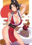  1girl akisu_k breasts brown_eyes brown_hair gloves hand_up large_breasts no_bra panties pelvic_curtain ponytail red_panties revealing_clothes rope shiranui_mai smile solo the_king_of_fighters the_king_of_fighters_xv thighs underwear 