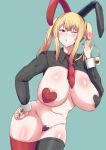  1girl ;o animal_ears areola_slip asymmetrical_legwear black_nails blonde_hair breasts commentary_request curvy green_background green_eyes groin hand_on_hip hand_up heart heart_maebari heart_pasties huge_breasts leaning_to_the_side long_hair meme_attire mismatched_legwear navel necktie one_eye_closed open_mouth original paid_reward_available pasties playboy_bunny rabbit_ears red_necktie reverse_bunnysuit reverse_outfit shrug_(clothing) sidelocks simple_background solo stomach thighhighs thighs twintails varios wing_collar wrist_cuffs 