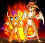  amber_eyes blue_eyes brown_body brown_scales crossed_arms disguise disguised_changeling dragon duo explosion friendship_is_magic hasbro horn membrane_(anatomy) membranous_wings my_little_pony ocellus_(mlp) orange_body orange_scales scales smolder_(mlp) uotapo wings 