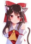 1girl :&lt; animal_ear_fluff animal_ears ascot bare_shoulders blush bow brown_hair cat_ears cat_tail detached_sleeves frilled_bow frills hair_bow hair_tubes hakurei_reimu highres kemonomimi_mode long_hair looking_at_viewer red_bow red_eyes ribbon-trimmed_sleeves ribbon_trim shinonome_asu solo tail touhou white_background yellow_ascot 