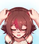  1girl animal_ears aroused bandaid bandaid_on_face bandaid_on_nose bare_shoulders black_shirt breath brown_hair closed_eyes collarbone drooling ear_fondling ear_grab fishnet_top fishnets frown gradient gradient_background hair_between_eyes hair_flaps heavy_breathing highres light_blue_background medium_hair multicolored_hair off-shoulder_shirt off_shoulder owozu pov pov_hands raccoon_ears raccoon_girl rakkun_sutaru saliva shirt sidelocks slash-ex streaked_hair two-tone_hair u_u virtual_youtuber 