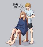  1boy 1girl absurdres aneurysm_ax barefoot black_shorts blanket brown_hair chainsaw_man cross-shaped_pupils cutting_hair damn_i_messed_up_we_gotta_go_bald_(meme) denji_(chainsaw_man) grey_background grey_shirt hair_over_one_eye highres horns long_hair looking_at_another looking_to_the_side meme power_(chainsaw_man) red_horns scissors shirt short_hair shorts simple_background sitting standing symbol-shaped_pupils yellow_eyes 
